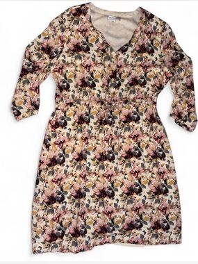 DE Collection Cream Floral V-Neck Tie-Waist Dress with Pink and Mustard Blooms
